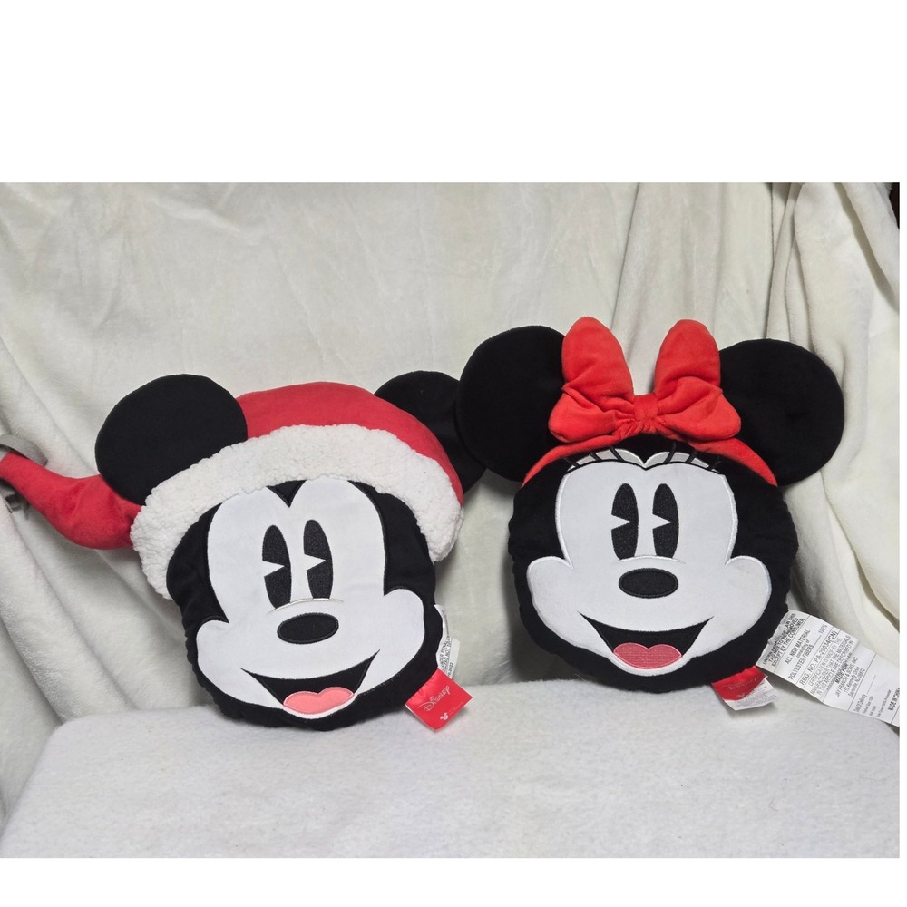 Disney Mickey Minnie Mouse Christmas Plush Pillow Set Santa Hat Red Bow Holiday